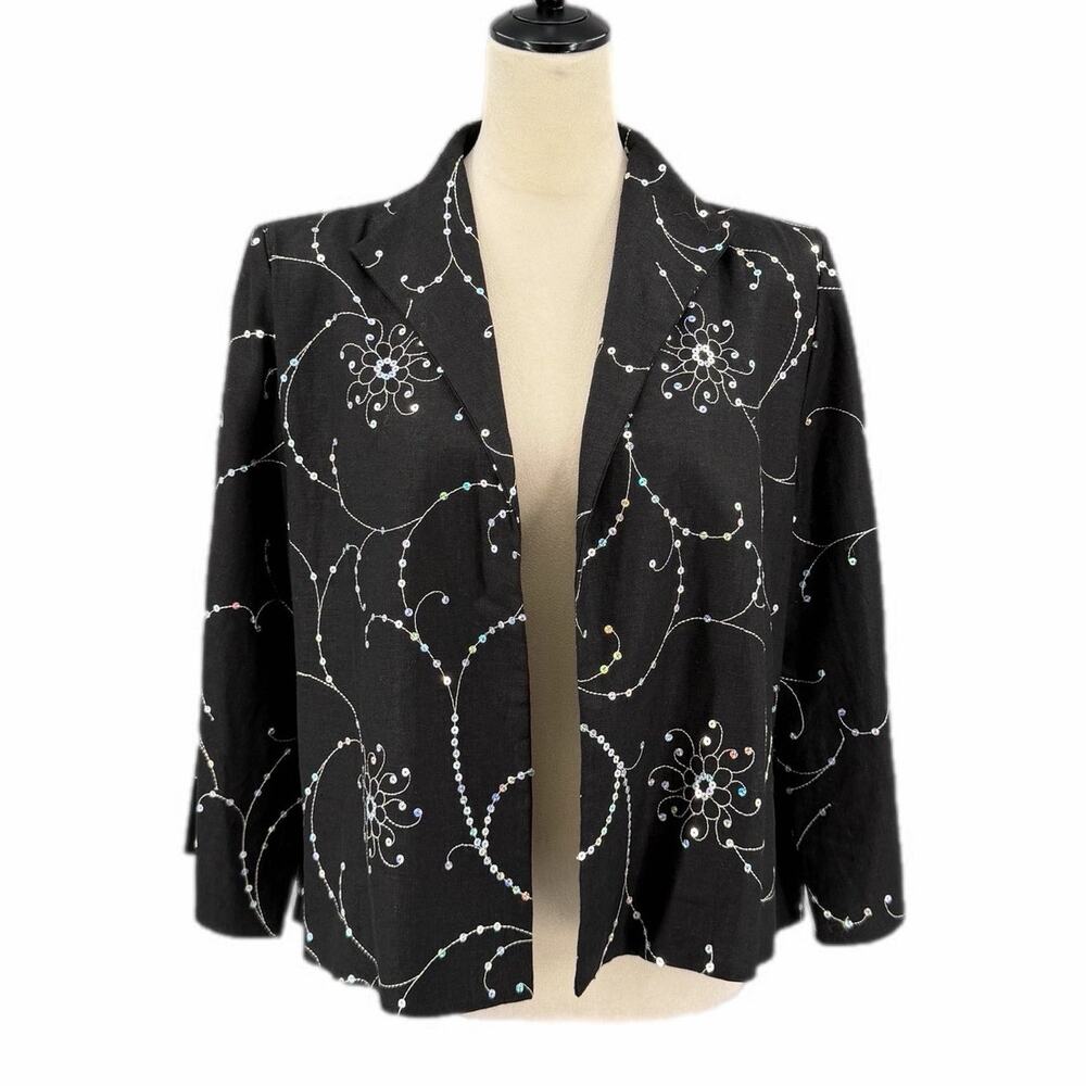 Vintage Mark Heister Black Silver Sequin 100% Silk Embroidered Open Glam Jacket